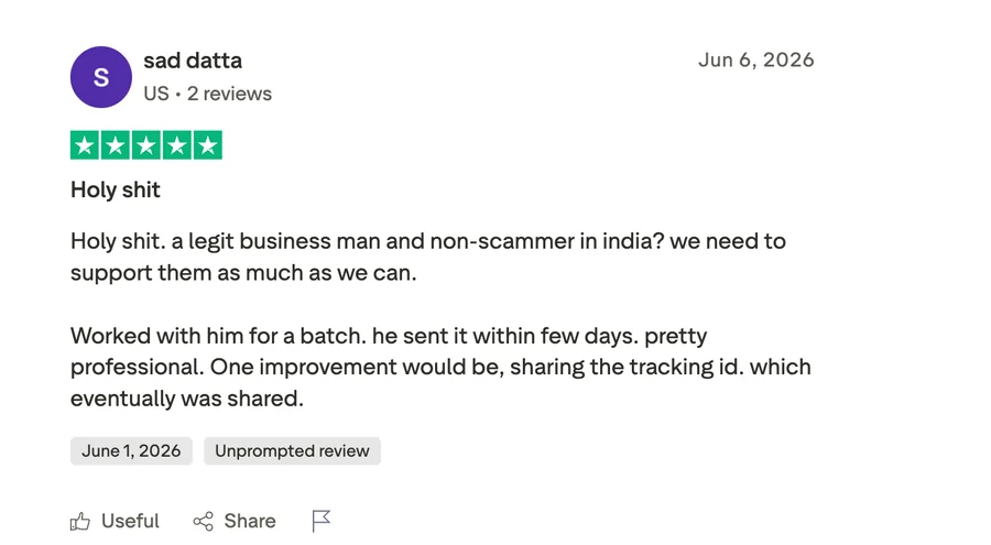 Customer review on Trustpilot